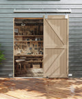 8 Foot Box Rail Exterior Sliding Barn Door Hardware Kit installed on a wooden wall, showcasing open door access to workshop space