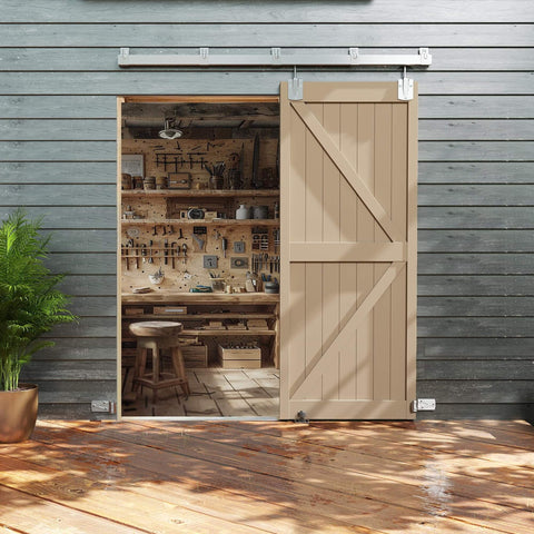 8 Foot Box Rail Exterior Sliding Barn Door Hardware Kit installed on a wooden wall, showcasing open door access to workshop space