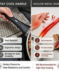 Comparison of stainless steel cookware handles: ergonomic stay-cool handle vs hollow metal handle showing heat retention.