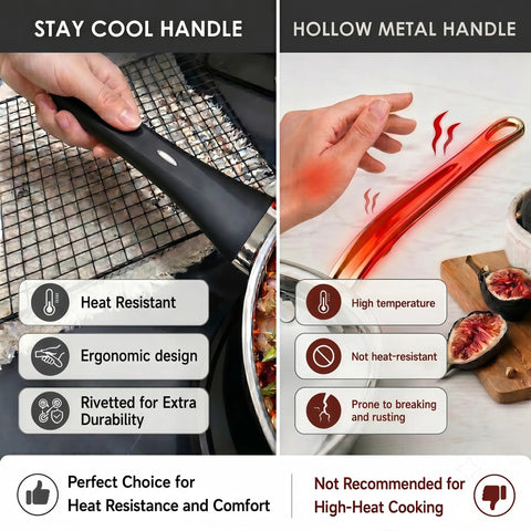 Comparison of stainless steel cookware handles: ergonomic stay-cool handle vs hollow metal handle showing heat retention.