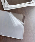 Shop Grade Router Table Insert Plate With Rabbet Cutout Template Kit Designed To Nail Your 11.75 By 9.25 Inch Workbench Mount For Sweet Sharp Daily Cuts, clear plexiglass templates on wood surface.