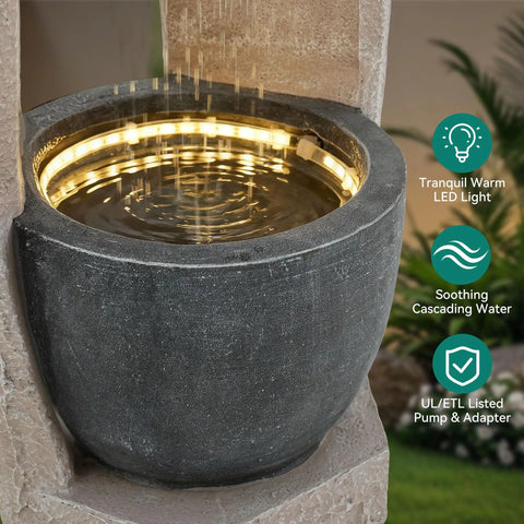 Close-up of the 32 Inch Outdoor Fountain With Modern Geometric Two Bowls Water Feature And LED Lights Resin Durable Cascading Waterfall