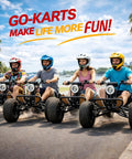 Four adults driving Trail Ready Electric Go Kart For Adults With 4000W Peak Power And 31 MPH Top Speed Off Road Suspension Shaft Drive.