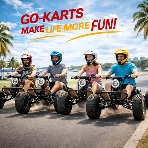 Four adults driving Trail Ready Electric Go Kart For Adults With 4000W Peak Power And 31 MPH Top Speed Off Road Suspension Shaft Drive.