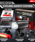 Ultra Bright Front And Rear USB Rechargeable Bike Light Set with box, headlight, taillight, USB cables, manual, warranty card