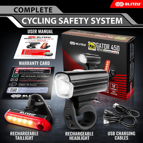 Ultra Bright Front And Rear USB Rechargeable Bike Light Set with box, headlight, taillight, USB cables, manual, warranty card