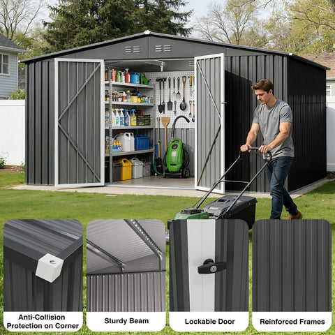 12 By 10 Foot Dark Grey Metal Shed With Lockable Door Waterproof Outdoor Storage For Bikes Garden Tools And Lawn Mower All Weather Shelter Ventilated Design Sloped Roof Keeps Interior Dry