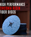 High performance zirconia resin fiber discs stack showcasing Fast Cutting 36 Grit Zirconia Resin Fiber Discs For Angle Grinder 4-1/2 Inch By 7/8 Inch 25 Pack With Backing Pad And Lock Nut Heavy Duty Metal Wood And Fiberglass Sanding And Grinding.