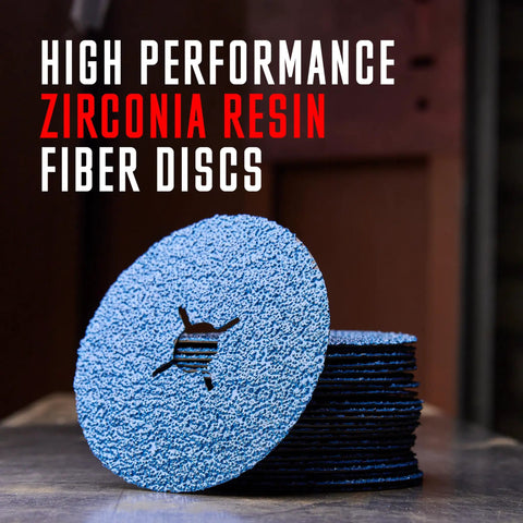 High performance zirconia resin fiber discs stack showcasing Fast Cutting 36 Grit Zirconia Resin Fiber Discs For Angle Grinder 4-1/2 Inch By 7/8 Inch 25 Pack With Backing Pad And Lock Nut Heavy Duty Metal Wood And Fiberglass Sanding And Grinding.