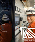 Engineer with Must Have On The Job Multipurpose Full Brim Hard Hat Clips And Hooks For Headlamps And Safety Goggles in control room