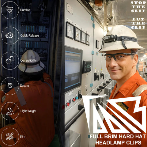 Engineer with Must Have On The Job Multipurpose Full Brim Hard Hat Clips And Hooks For Headlamps And Safety Goggles in control room