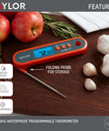 Waterproof Digital Meat Thermometer With Folding Probe And Backlit Display In Orange for oven or grill use.