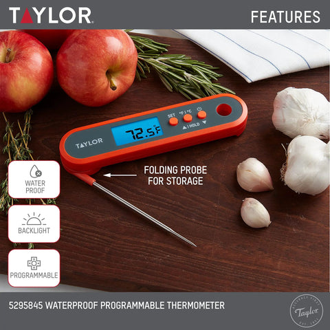 Waterproof Digital Meat Thermometer With Folding Probe And Backlit Display In Orange for oven or grill use.