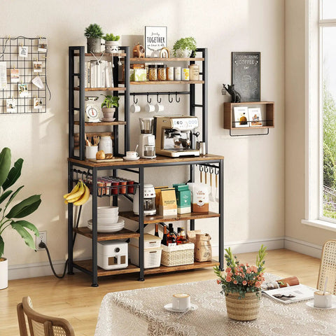 Rustic Brown Baker Rack With Power Outlet Microwave Stand With Storage Large Coffee Bar Station And 14 Hooks Metal Kitchen Shelf