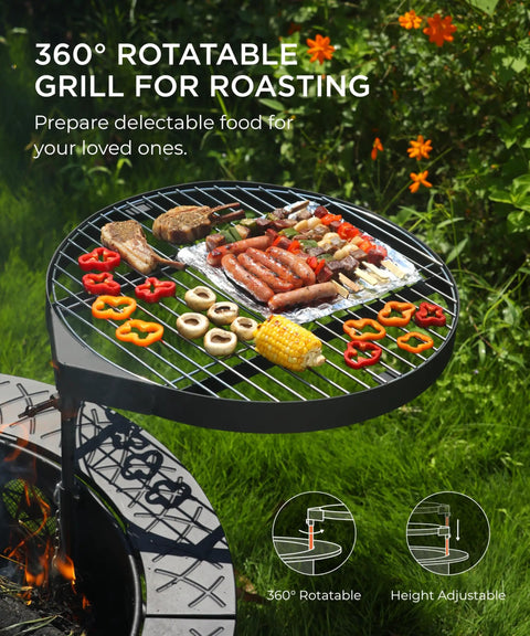35 Inch Outdoor Fire Pit Table With 360 Degree Rotating Grill, wood burning with cooking grate loaded with food in garden setting