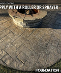 Score Top Shelf Protection With This Heavy Hitter Solvent Based Acrylic Concrete And Paver Sealer applied on stamped patio near fire pit.