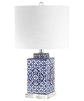 Blue And White Chinoiserie Ceramic Table Lamp With White Linen Drum Shade, Classic Hand Painted Bedside Lamp, 23 Inches Tall