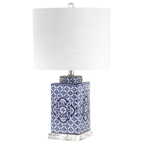 Blue And White Chinoiserie Ceramic Table Lamp With White Linen Drum Shade, Classic Hand Painted Bedside Lamp, 23 Inches Tall
