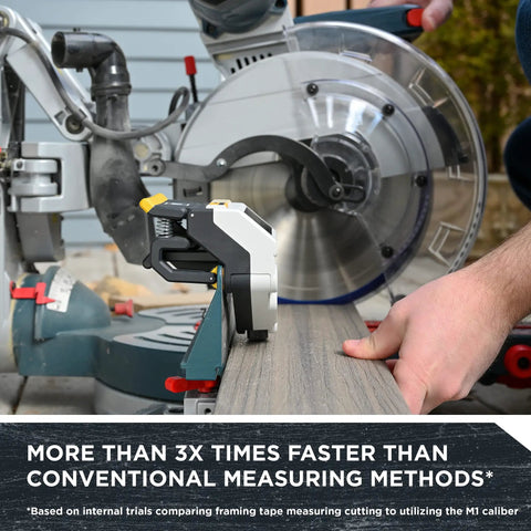 Caliber Measuring Tool For Miter Saws Pro Grade Time Saver That Eliminates Measuring And Marking Materials in use on a miter saw.