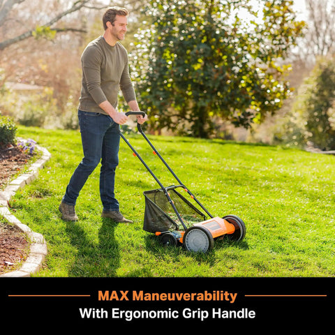 Man using Push Reel Lawn Mower With An 18 Inch Deck And 5 Blades For A Clean Scissor Like Cut Designed For Small Lawns 9 Cutting Positions
