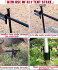 Eight Pack Heavy Duty Tent Stakes 12 Inch Steel Pegs for Camping in use on rocky and grassy ground, demonstrating stake installation.