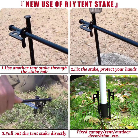 Eight Pack Heavy Duty Tent Stakes 12 Inch Steel Pegs for Camping in use on rocky and grassy ground, demonstrating stake installation.