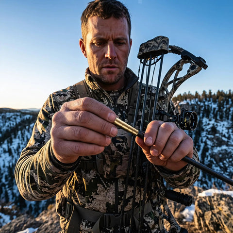 Hunter inserting Brass Arrow Inserts 6.2mm.244 ID into carbon arrow during snowy mountain hunt