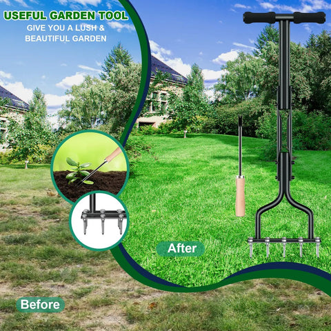 Two In One Manual Spike Aerator With Five And Fifteen Steel Spikes Detachable Foot Pad For Lawn Aeration And Soil Loosening in use