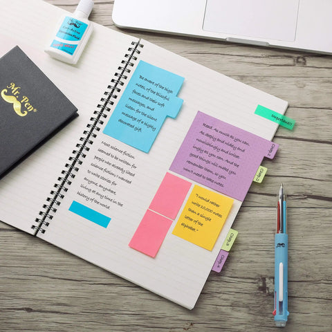 Open notebook with Neon Sticky Notes Set 410 Pack With 150 Neon Index Tabs And Divider Pads for organization and planning.