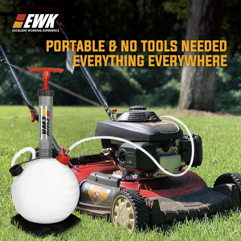EWK 6L portable vacuum oil extractor pump with white reservoir and red handle, front view for lawn mower oil change.