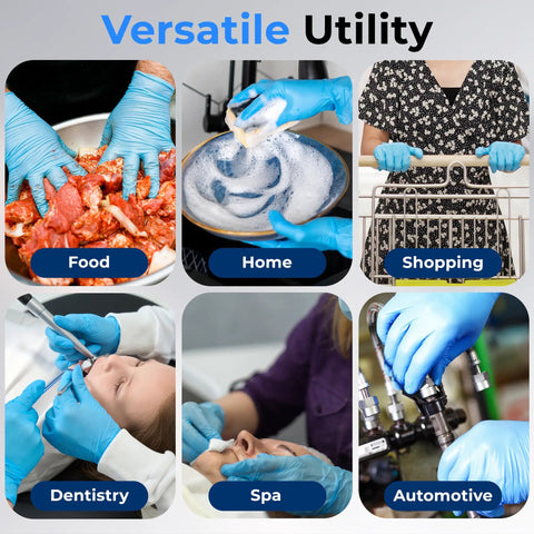 500 Count Hardcore Nitrile Vinyl Disposable Gloves Featuring A Reliable Textured Grip And Puncture Resistant Build For Effortless Kitchen Prep Auto Detailing And Serious Home Cleanup Grind, shown in various uses including food prep and automotive.