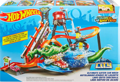 Packaging of City Car Wash Play Set With Giant Gator Color Change Fun Elevator Lift And Rolling Brush Track For Kids To Wash Cars