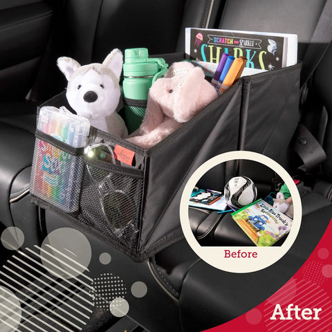Backseat Car Organizer With Built In Cup Holders And Mesh Pockets Foldable With Handles 9 Compartments Road Trip Essential Black Oxford Finish
