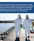 Two people wearing disposable lab coats with open cuff and hood in white XL, walking near a lake.