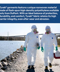 Two individuals in white Disposable Protective Coverall With Elastic Wrists And Ankles White 2X Large Bulk 25 Pack near a river.