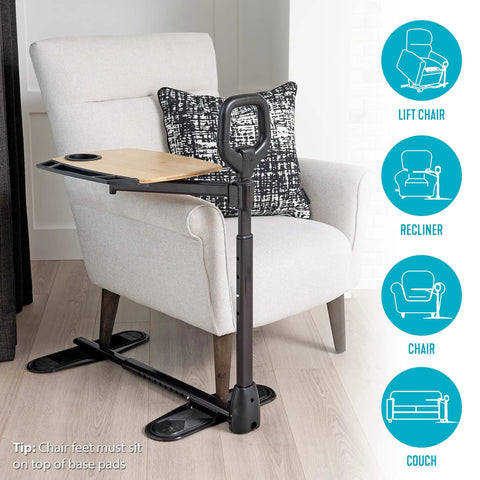 Adjustable Bamboo Tray Table With Ergonomic Safety Handle And Stand For Couch Or Lap, TV And Laptop Desk next to lift chair