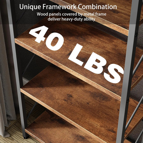 Close-up of Five Tier Bookshelf Rack Industrial Modern Tall Bookcase For Living Room Bedroom And Office Dope Brown Wood Shelf