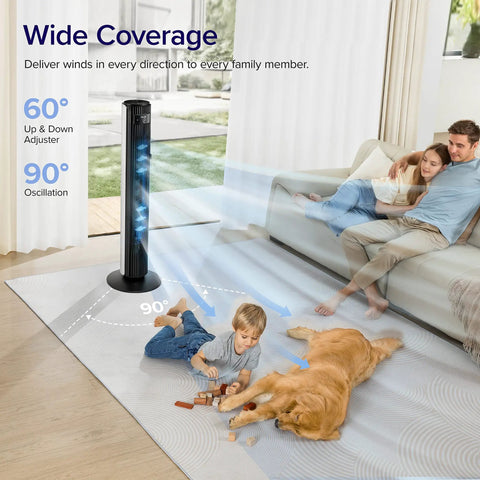 Smooth Operator Tower Fan With Slick Remote And Strong Airflow For Big Rooms Plus Buttery Quiet 12 Speed Settings With Chill 12 Hour Timer And Easy Up Down Angling For Refreshing Summer Breezes Indoors