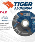 4-1/2 Inch Aluminum Cutting Wheel Non-Loading Contaminant-Free High Performance Pro Grade Tiger Blend For Fast Clean Aluminum Cuts With Seven Eighths Inch Arbor 0.045 Inch Thick Type 27 Wheel Pack Of 25, labeled as "Tiger Aluminum" style with depressed center, showing product details and specifications.