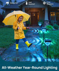 Child in raincoat walks under umbrella, showcasing 8 Pack Solar Pathway Lights Color Changing RGB Garden Lights 200 Lumen Waterproof IP65