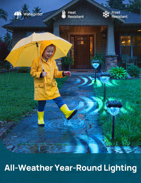 Child in raincoat walks under umbrella, showcasing 8 Pack Solar Pathway Lights Color Changing RGB Garden Lights 200 Lumen Waterproof IP65
