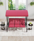Red three seat outdoor porch swing with stand and cushioned seats under a canopy, shown on a patio setting.