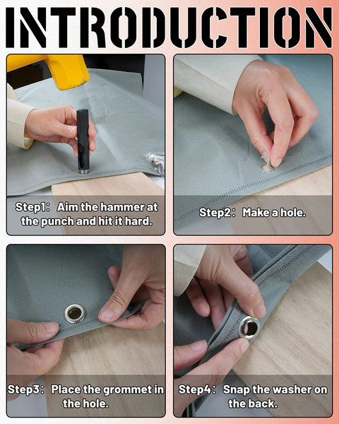 Step-by-step use of the 150 Piece Grommet And Eyelet Kit With Leather Hole Punch Pliers for DIY crafts setup.