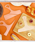 Set Of 3 Acrylic Charcuterie Handle Router Templates Woodworking Stencils For Cutting Boards Pro Guide Kit displayed on a wood background.