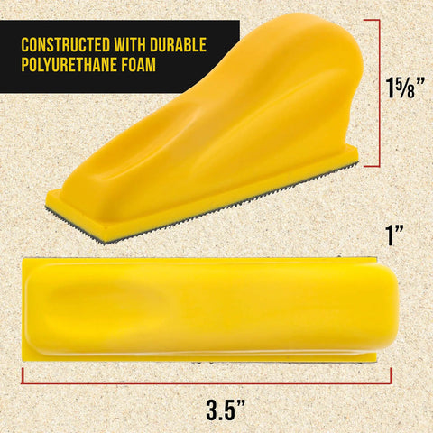 DIY Friendly Micro Hand Sanding Block Kit With 3.5 X 1 Inch Pad And Hook And Loop Backing, yellow polyurethane foam block.
