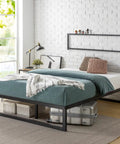 Queen Size Metal Platform Bed Frame With Reinforced Steel Slat Support And Absolutely No Box Spring Required No Sweat Assembly with cozy bedding.