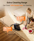 Portable Carpet And Upholstery Deep Cleaner With 18Kpa Suction for Cars Pets Rugs And Couches on carpet showing hose and power cord range.