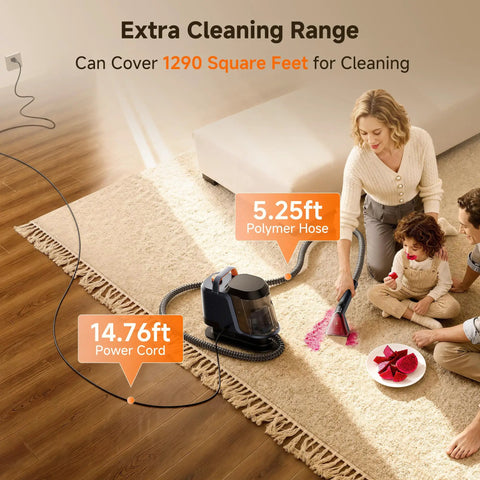 Portable Carpet And Upholstery Deep Cleaner With 18Kpa Suction for Cars Pets Rugs And Couches on carpet showing hose and power cord range.