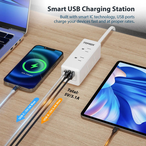 Dope Surge Protector Power Strip With 5 Outlets And 4 USB Ports Including USB C Quick Charge 3A in use on a desk charging electronics