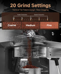 Espresso Machine With Built In Grinder For Home Use 20 Bar Pressure 1350W showing grind settings and coffee grounds falling into chamber